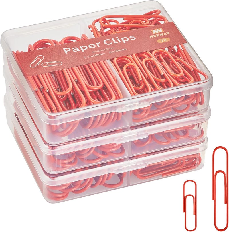 NEEWAY Colorful Paper Clips Assorted Sizes, Small and Large Paperclips, 210 Count, 3 Pack of 70 (Red) - Image 1